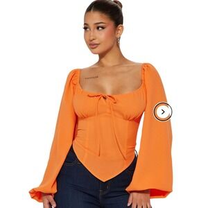 Fashion Nova Womens Orange Corset Handkerchief Hem Bell Sleeve Blouse Top NWT